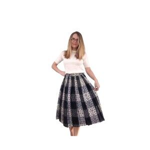 Vintage 50s Skirt Black White Floral Plaid Taffeta 26 S